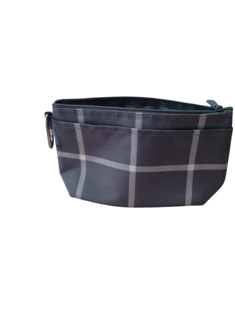 Thirty-One Gray Plaid Zip Up Pouch Cosmetic Make Up Bag Travel Vacation Classic